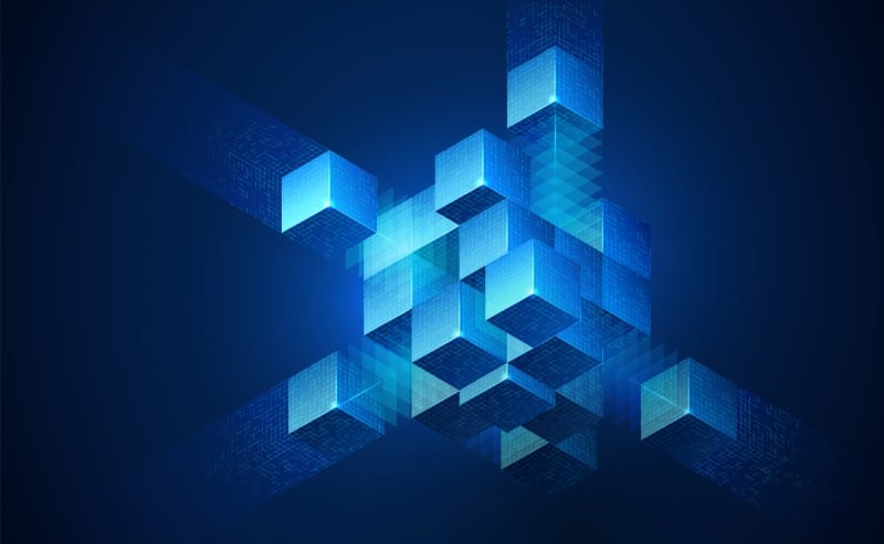 Abstract arrangement of connected blue cubes representing modern search architecture